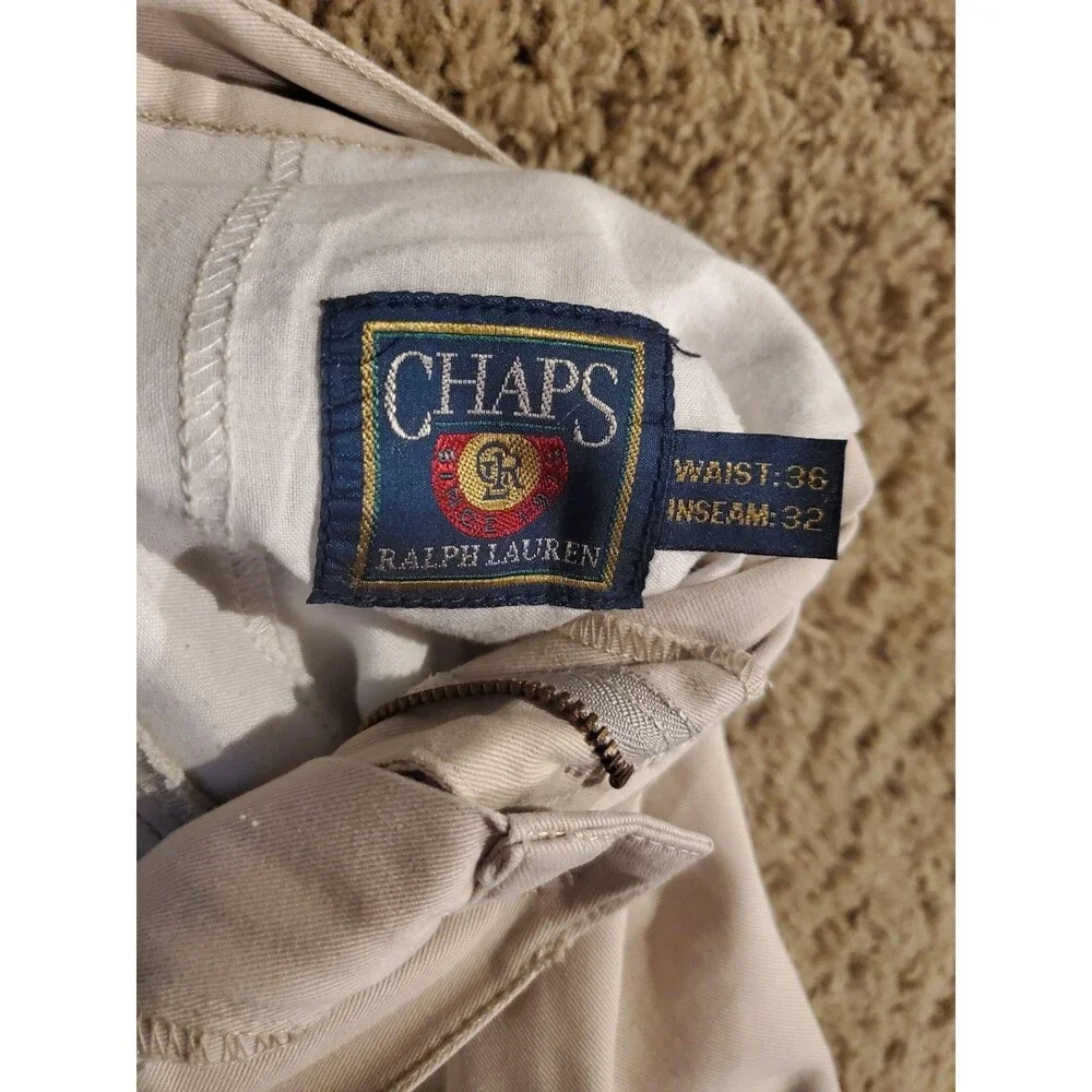 Vintage Chaps Ralph Lauren Pants Mens 36x32 Beige Pleated Cuffed Cotton Chino